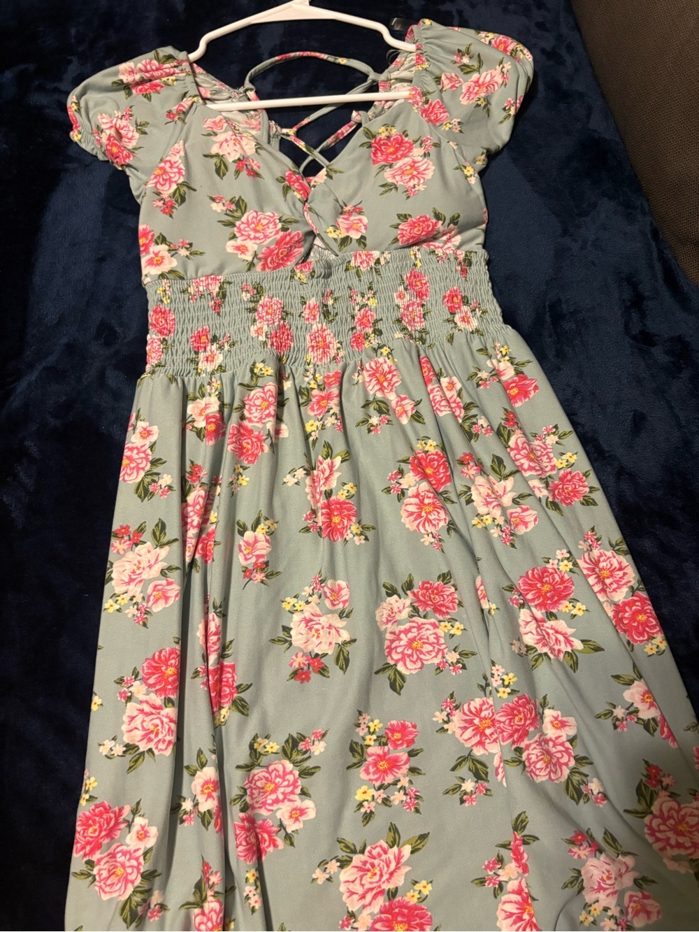 Girls Sage Green Floral Smocked Dress with Pink Roses